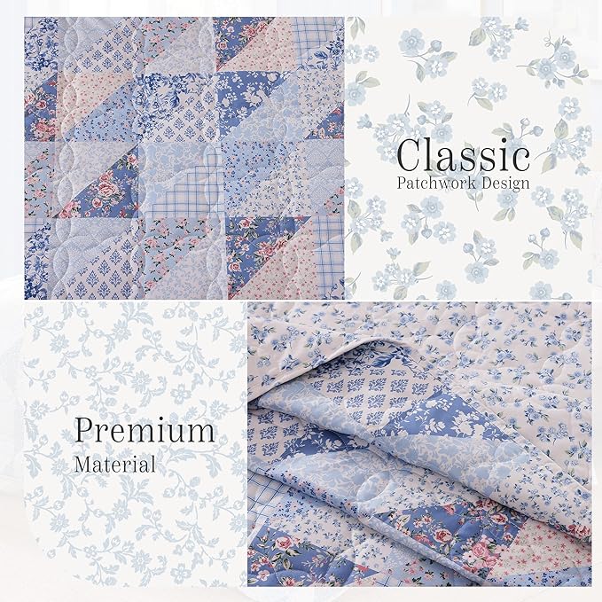 Quilt Set Queen Size, Patchwork Blue Pink Marigold Floral Quilt Sets, Reversible Bedspread Lightweight and Breathable for All Seasons, Soft Quilted Bedspread with 2 Pillow Shams