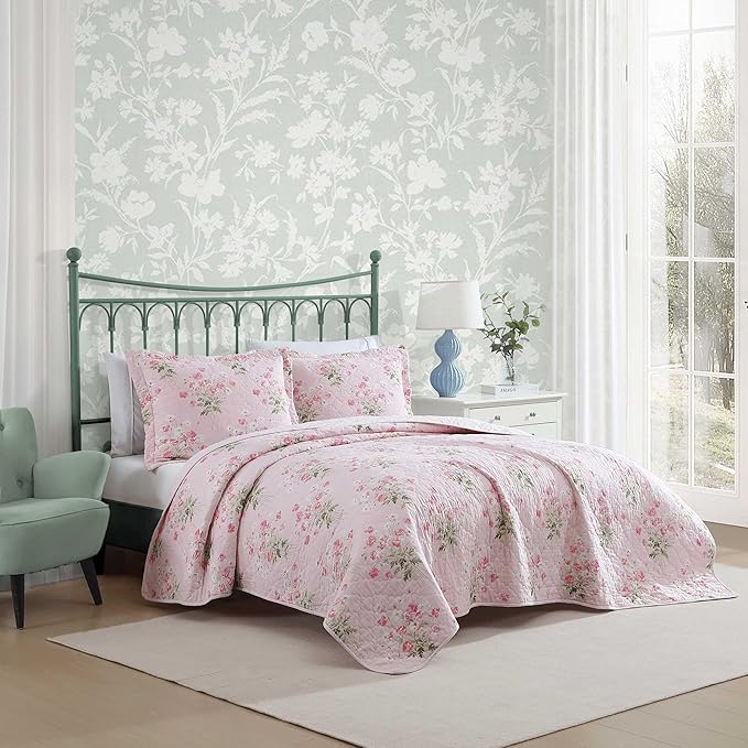 Laura Ashley - King Quilt Set, Reversible Premium Bedding with Matching Shams, Coquette Room Decor (Veronicas Bouquet Pink, King)