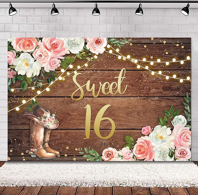 SVBright Sweet 16 Happy Birthday Backdrop 5Wx3H Cowgirl Western Rustic Wooden Plank Country Watercolor Pink Flower Floral Boots Farmhouse Decorations Photography Background Banner Photo Booth Studio