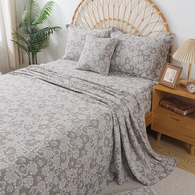 FADFAY Rose Sheets Set Queen Vintage Curry Floral Bedding Shabby Farmhouse Bedding Super Soft Washed Double -Layer Muslin Sheets Luxury 100% Cotton Breathable Deep Pocket Fitted Sheet 4Pc, Queen Size