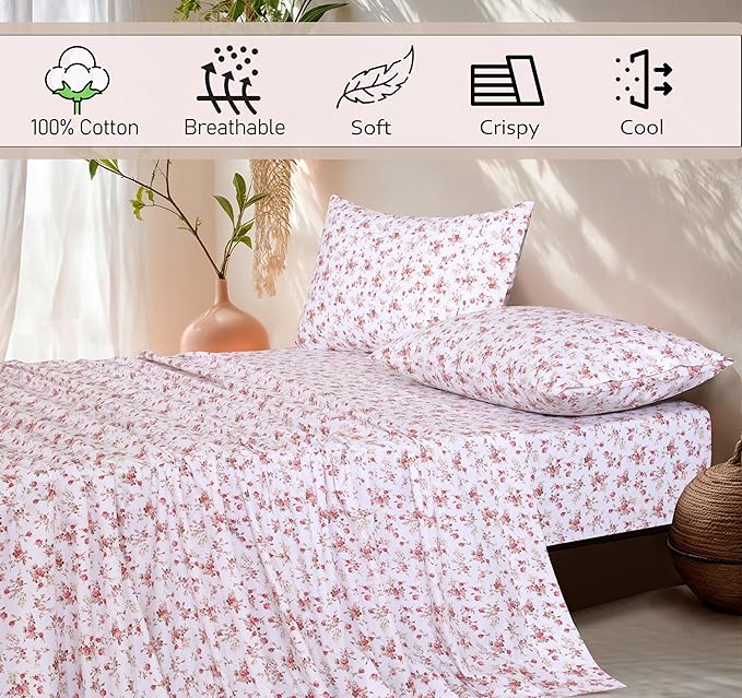 RUVANTI 100% Cotton Twin Sheets Set, 3 Pieces, Soft & Breathable Percale Weave Bedding, Deep Pocket 16", Hotel Standard, Crisp Cool Feel, Durable, Perfect Floral Bed Sheet, Bouquet