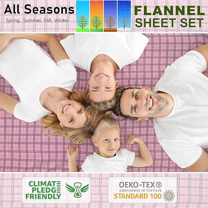 RUVANTI Flannel Sheets Queen Size - 100% Cotton Double Brushed Bed Sheets, Deep Pockets 16 Inches Queen Sheet Set, All Seasons Breathable & Extra Soft - Warm & Cozy, 4 Piece, Check & Bolt Pink
