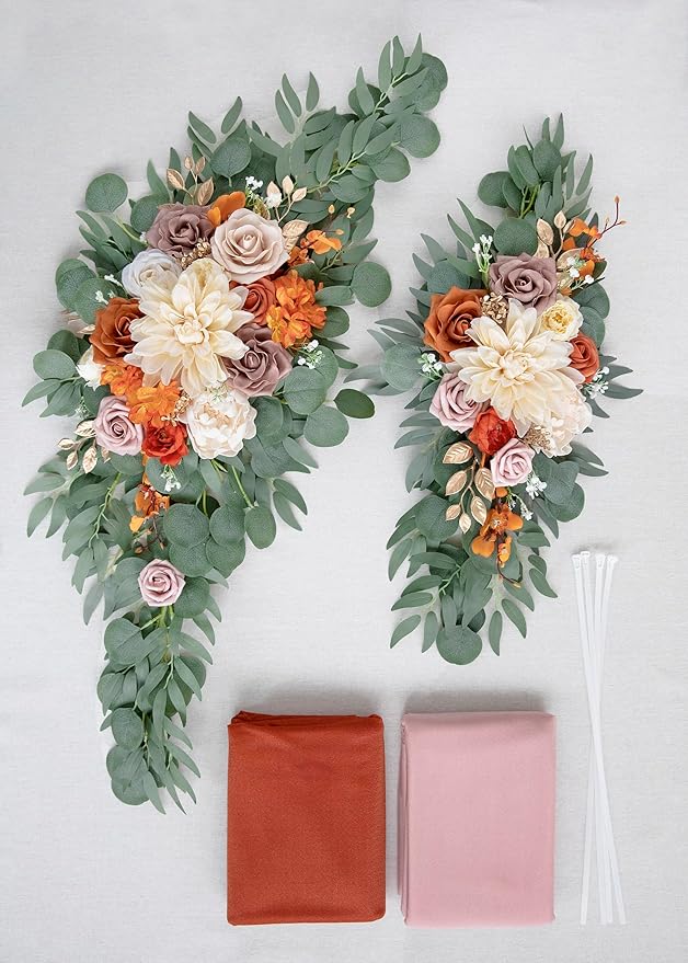 ponatia Artificial Burnt Orange Wedding Arch Flowers Kit with 2PCS Shiny Arch Chiffon Fabric, Dusty Rose Flowers for Wedding Welcome Signs Decorations and Arch Flowers for Wedding Ceremony Reception