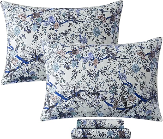 FADFAY Sheets Set Queen Botanical Bird Floral Bed Sheets Set Vintage Blue Farmhouse Bedding Shabby Branches Bedding Collections 100% Egyptian Cotton Breathable Soft 17.7" Deep Pocket 4Pcs, Queen Size