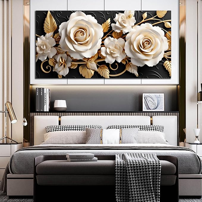 Flower Large Canvas Wall Art for Living Room Bedroom Home Office White and Gold Wall Art Blossom Picture Framed Wall Decor Modern Canvas Prints 29x59 In