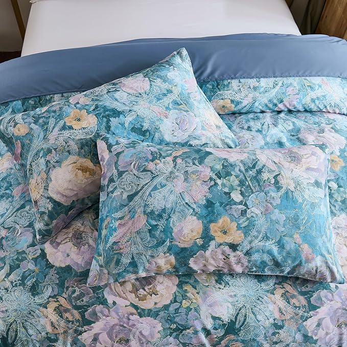 100% Cotton Duvet Cover Queen Size – Navy Blue Watercolor Floral Duvet Cover Set with Zipper Closure & Corner Ties, 3-Piece Silky Soft & Breathable Bedding Set for All Seasons