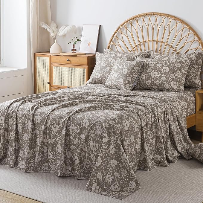 FADFAY 100% Cotton Floral Bed Sheet Set California King, Mocha Mousse Botanical Flower Bedding, Soft Breathable All Season Cotton Sheets with Flat Sheet, Deep Pocket Fitted Sheet & 2 Pillowcases