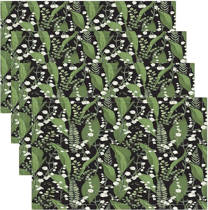 Vintage Botanical Placemats Set of 4, 17x12 Inch Retro Nature Plant Exotic Green Leaves Wildflower Table Mats for Home Party Kitchen Dining Decor
