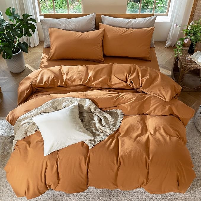 MooMee Bedding Duvet Cover Set 100% Washed Cotton Linen Like Textured Breathable Durable Soft Comfy (Solid Burnt Orange, Cal King 104"x98")