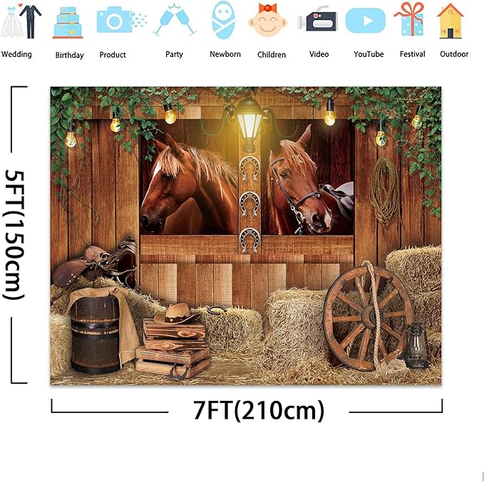 SVBright Western Cowboy Backdrop 7Wx5H Farmhouse Wooden Stable Brown Country Horse Barn Door Old Wood Wheels Boy Man Birthday Decorations Photography Background Banner Photo Booth Studio
