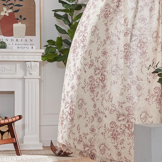 jinchan Linen Blend Curtain Floral Curtains for Living Room 108 Inch Length Christmas Brick Red Printed Curtain Rod Pocket Back Tab Farmhouse Peony Flower Patterned Drapes Curtains Set 2 Panels