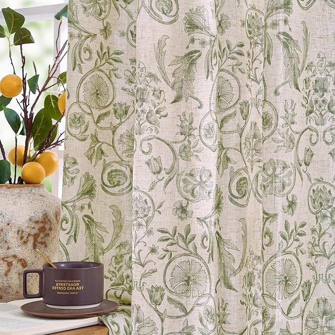 jinchan Linen Floral Curtains for Living Room with Printed Flower 63 Inches Long Light Filtering Farmhouse Window Treatment Vintage Short Drapes Back Tab Rod Pocket 2 Panels Green on Beige