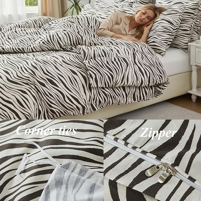 FADFAY Zebra Duvet Cover King, 100% Cotton Chocolate and White Animal Print Bedding Set, 3 Pieces with Zipper Closure & Corner Ties