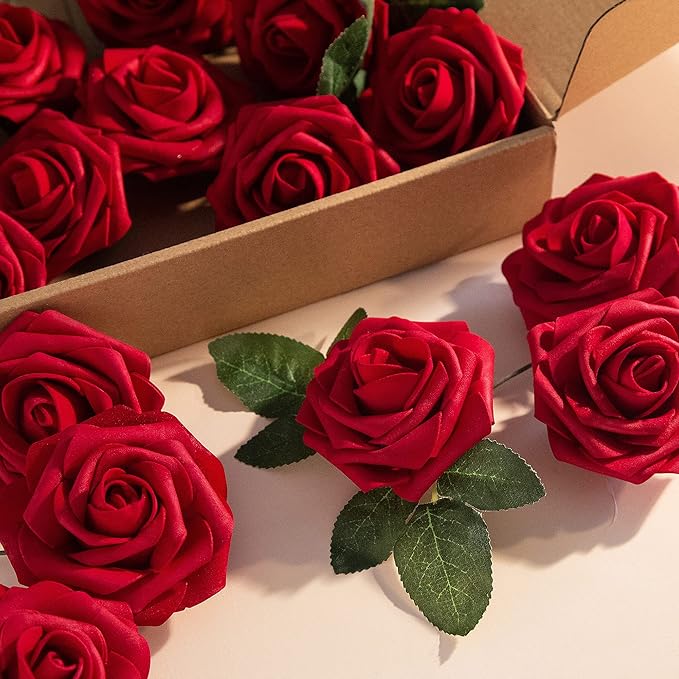 Red Artificial Flower Silk Rose 50pcs Fake Rose with Stems Leaves for Home Decoration Party Garden Centerpieces DIY Wedding Bouquets（Dark Red）