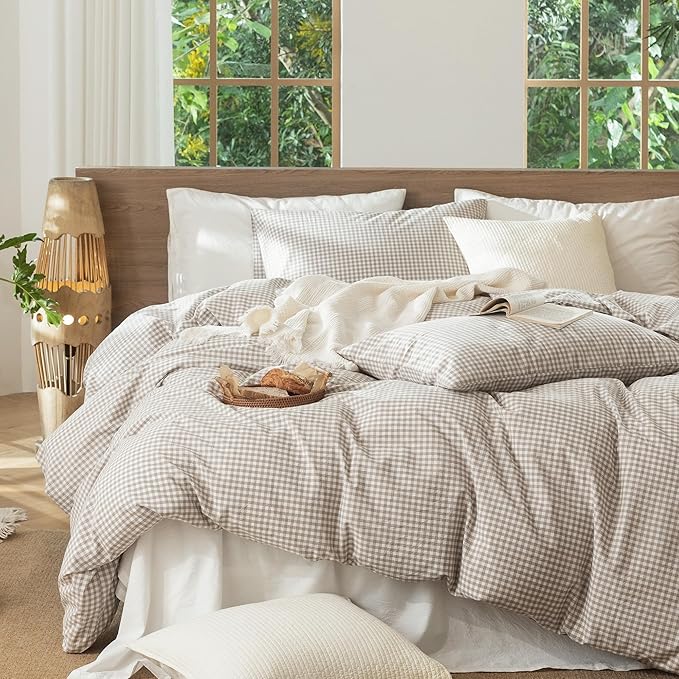 MooMee Gingham Duvet Cover Set 100% Washed Cotton Linen Like Textured Breathable Durable Soft Comfy Modern Checkered Design (Mini Gingham Tannish Linen Grey, Queen 90"x90")