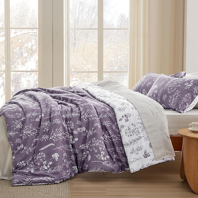 Bedsure King Comforter Set - Grayish Purple Bed Set, 3 Pieces Cute Floral Bedding, 1 Soft Reversible Botanical Flowers Comforter and 2 Pillow Shams