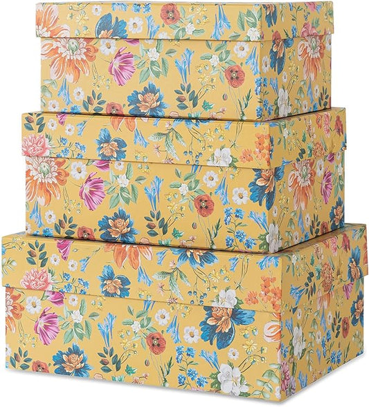 Soul & Lane Decorative Storage Boxes with Hinged Lids, Golden Bloom - Set of 3: Floral Memory Keepsake Boxes with Lids, Cardboard Photo Storage for Organizing, Home Décor, Gifts
