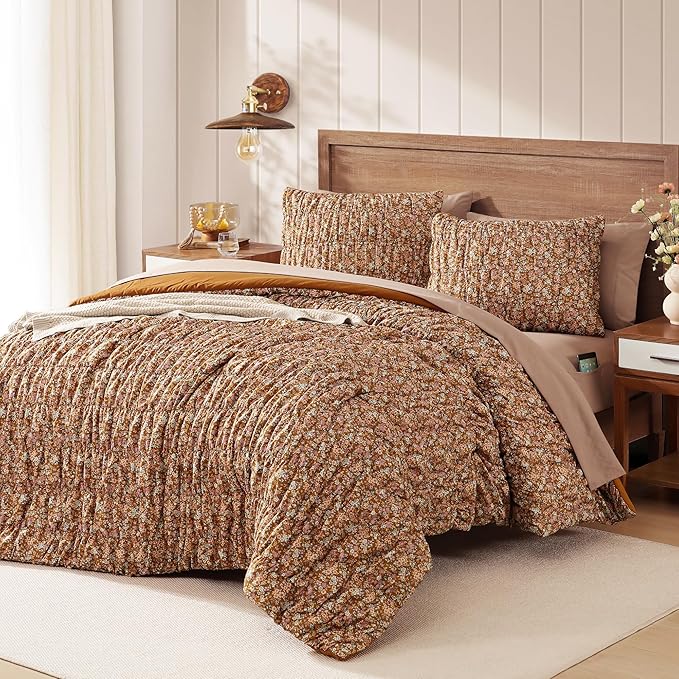 Full Size Comforter Sets-7 Pieces Puff Brown Floral Bedding Set for All Seasons, Shabby Chic Farmhouse Bed in a Bag Full with Floral Comforter, Sheets, Pillowcases & Shams
