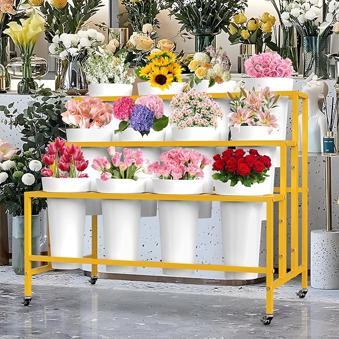 Flower Display Stand with 12 Buckets, Flower Cart Gold 3 Layers Metal Flower Bar Stand with Wheels, Moving Florist Bouquet Shelf for Weddings Florist Indoor Living Room Outdoor Patio Garden