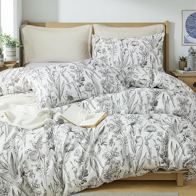 100% Cotton Duvet Cover Queen Size – Vintage Botanical Sketch Elegant Taupe Floral Duvet Cover Set with Zipper Closure, 3-Piece Soft Breathable Natural Premium Cotton Bedding Set
