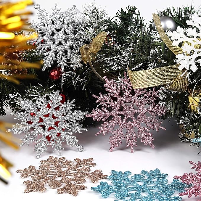RECUTMS 40 Piece Glitter Snowflake Plastic Ornaments - Silver & White, 4 Inch Snowflake Hanging Decorations for Christmas Tree