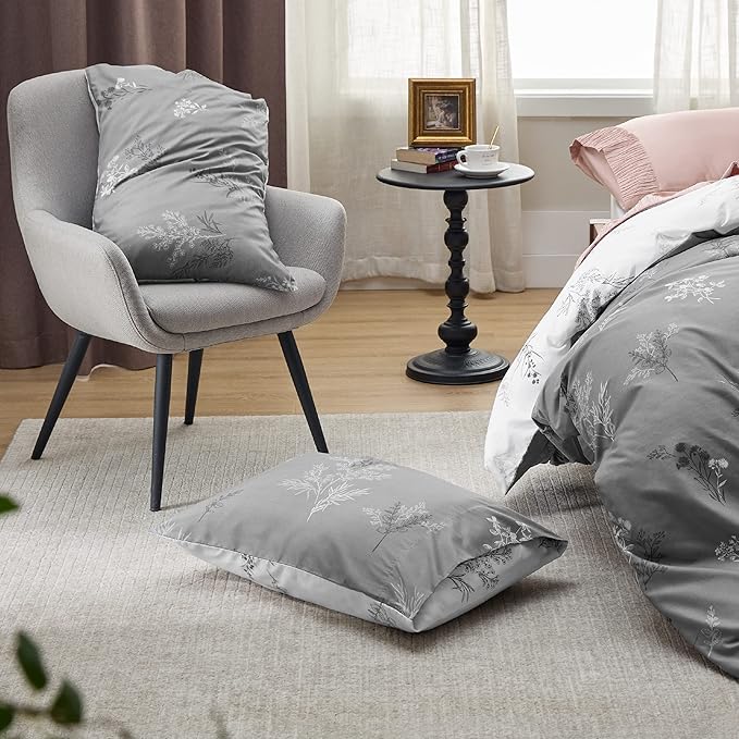 Bedsure Duvet Cover Queen Size - Reversible Floral Duvet Cover Set with Zipper Closure, 3 Pieces Grey Bedding Set with 8 Corner Ties and 2 Pillowcases 20"x26"