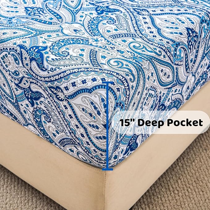 Softan Blue Paisley Printed Bed Sheets Full Size, Floral Sheet Set Full, Brushed Microfiber Patterned Fitted Sheet with 15" Deep Pocket & Non-Slip Straps, Blue Flower Sheets & Pillowcase Set