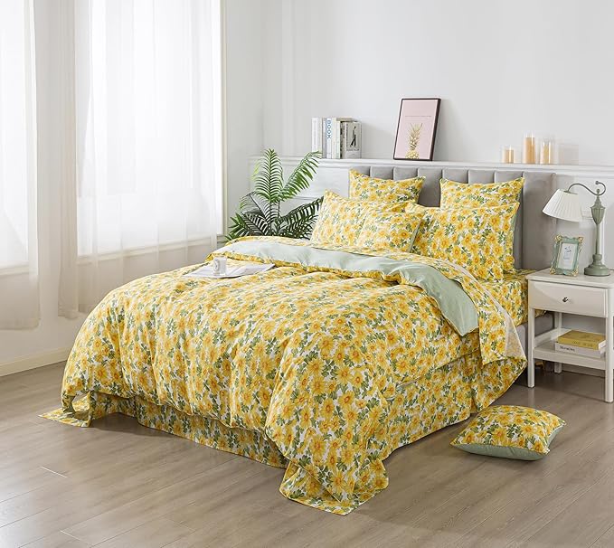 FADFAY Sunflower Duvet Cover Set Queen Vintage Yellow Daisy Floral Bedding Shabby Botanical Comforter Cover Set 100% Percale Cotton Ultra Soft Quilt Cover with Hidden Zipper Closure 3Pcs, Queen Size