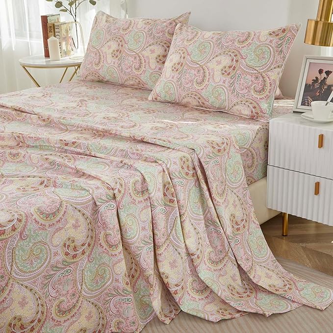 Brandream Boho Paisley Bedding Pink Elegant Watercolor Farmhouse Bed Sheets Set Queen Size Luxury Bedding Collections 800 Thread Count 100% Egyptian Cotton Deep Pocket, 4 Piece