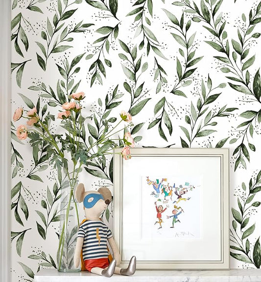 Erfoni Green Leaf Wallpaper Floral Peel and Stick Wallpaper 17.7inch x 196.8inch Greenery Leaves Self Adhesive Contact Paper Peel and Stick Olive Botanical Flowers Wall Paper for Bedroom Decor Vinyl