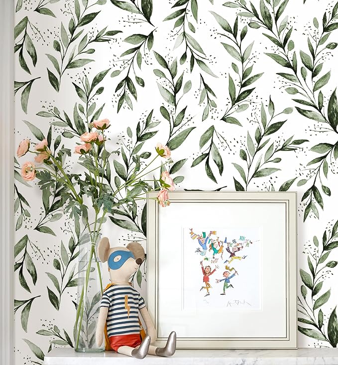 Erfoni Green Leaf Peel and Stick Wallpaper Green Contact Paper 17.7"x 118.1" Boho Leaves Self Adhesive Wallpaper Modern DIY Removable Wall Paper for Bedroom Cabinets Decor Vinyl Roll