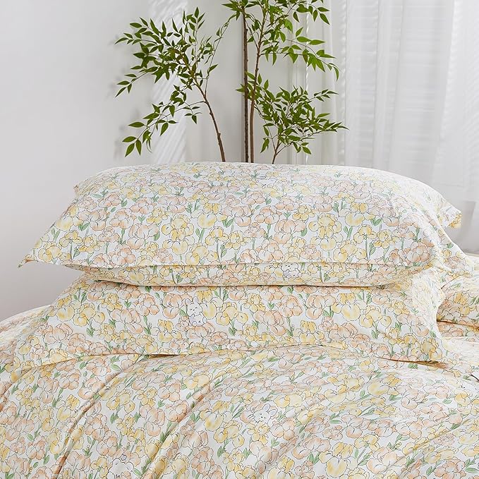SAPHREAS Iris Floral Duvet Cover Full Botanical Orange Floral Green Leaves Pattern Comforter Set Cute Bear Duvet Cover Lightweight Soft Microfiber 3pcs 1 Duvet Cover 2 Pillow Shams