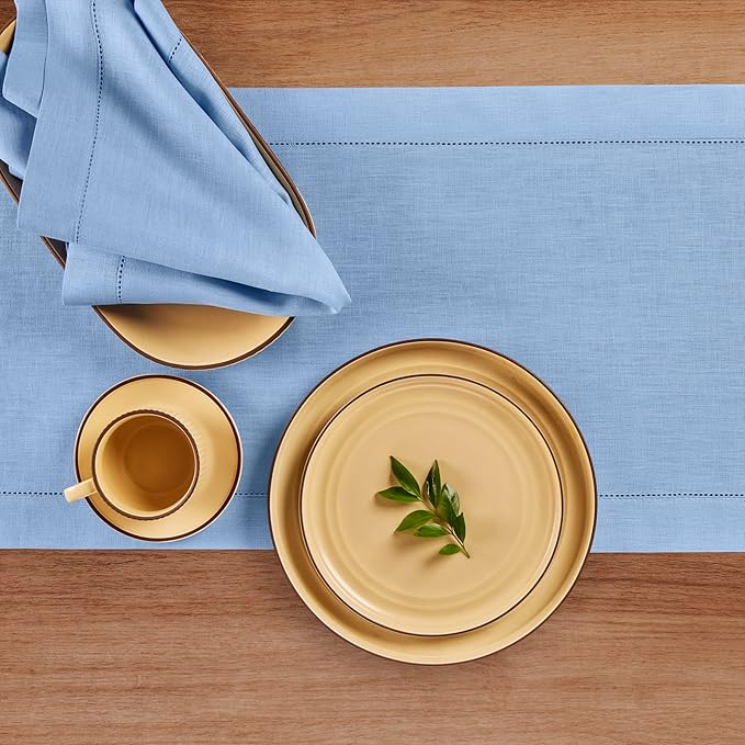Solino Home Linen Cornflower Blue Table Runner 144 Inches Long - 100% Pure Linen Hemstitch 14 x 144 Inch Table Runner for Dining, Winter, Spring, Easter - Classic Hemstitch