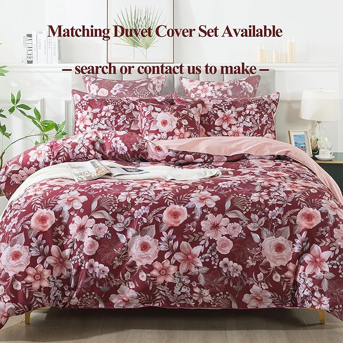 FADFAY Floral Sheets Set Queen Vintage Red Floral Bedding Shabby Pink Rose Elegant Peony Sheets Farmhouse Bedding 800 Thread Count 100% Egyptian Cotton Soft Deep Pocket Fitted Sheet 4Pcs, Queen Size