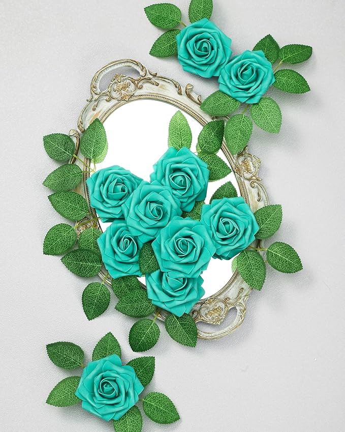DuHouse Artificial Roses Flowers Fake Roses with Stems Real Touch Foam Flowers for DIY Wedding Bouquet Baby Shower Centerpiece Floral Arrangement Party Home Decor(Teal Blue-Green)