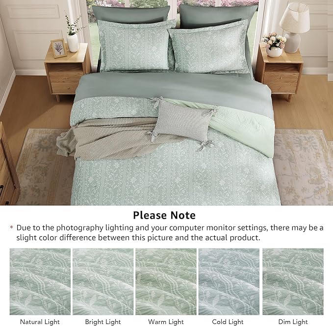 King Comforter Set -7 Pieces Green Floral Comforter Set for All Seasons, Bed in a Bag King with Botanical Flowers Comforter, Sheets, Pillowcases & Shams