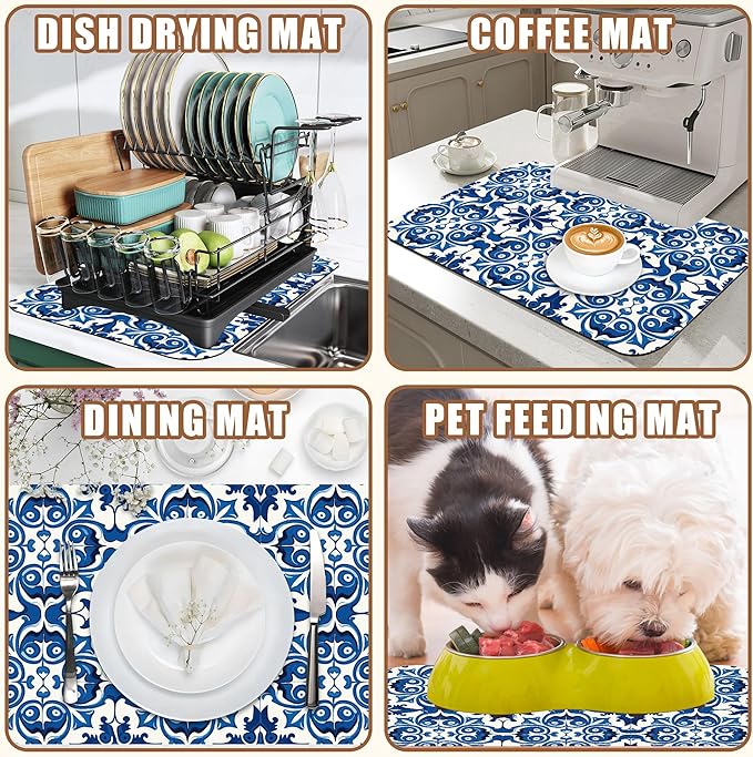 Dish Drying Mat Blue Portuguese Tiles Coffee Bar Mat for Countertop - Absorbent Rubber Backed Hide Stain Dish Drainer Rack - Coffee Maker Pot Dining Room Decoration 15.7 x 23.6 Inch