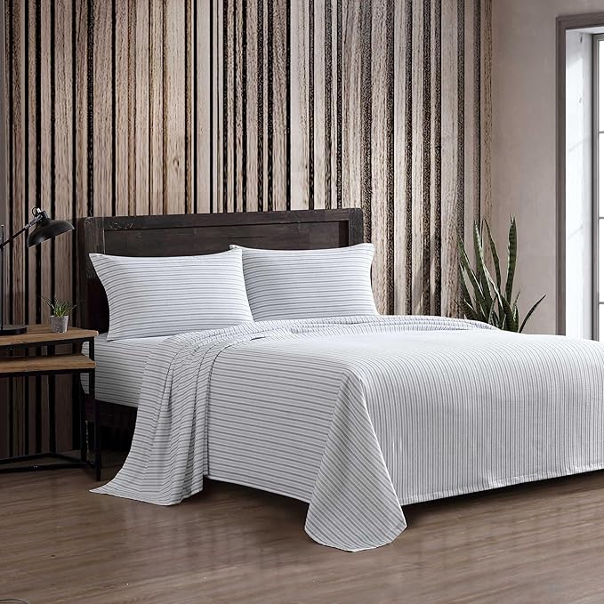 Eddie Bauer - Queen Bed Sheets, Cotton Flannel Bedding Set with Matching Pillowcases, Brushed for Extra Softness, Deep Pocket, Oeko-Tex Certified (Ticking Stripe Grey)