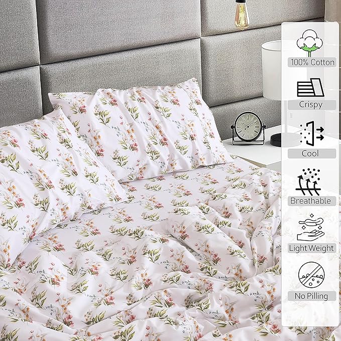 RUVANTI 100% Cotton Full Size Bed Sheets, 4 Pieces, Soft & Breathable Percale Weave Bedding, Deep Pocket 16", Hotel Standard, Crisp Cool Feel, Durable, Perfect Sheet Set Floral, Floral Bliss