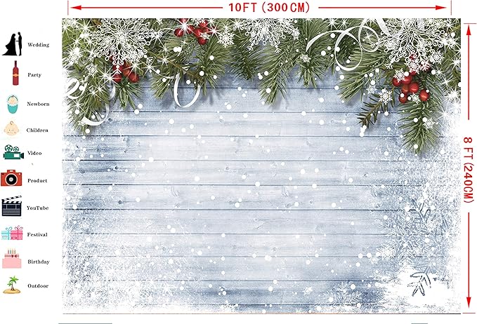 LTLYH 10x8ft Winter Snowflake Wood Floor Backdrop Christmas Photography Backdrops Xmas Eve Wood Wall Photo Backdrop White Snow Photo Props Background Winter Backgroun 023