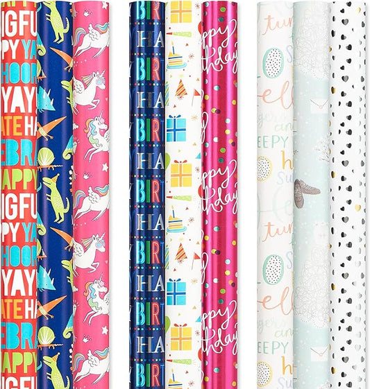 American Greetings Reversible Birthday, Baby, Wedding, and All Occasion Wrapping Paper, Unicorns and Dinosaurs (9 Rolls, 225 sq. ft.)