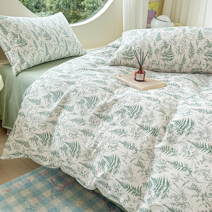 LifeTB Muslin Duvet Cover Queen Size 100% Cotton Botanical Floral Comforter Cover Ultra Soft Cottagecore Bedding Set Lightweight Linen Feel Textured Breathable Gauze Duvet Cover with 2 Pillowcases