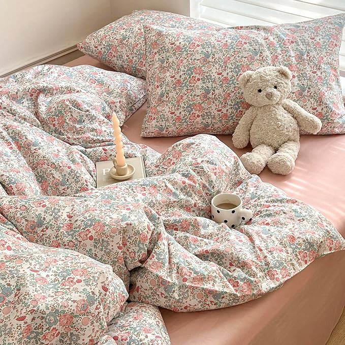 Vintage Floral King Size Comforter Set Fluffy Soft Girl Pink Floral Bedding Comforter French Style Aesthetic Flowers Botanical Comforter with 2 Pillowcases Farmhouse Boho Comforter Set King Comfy Soft