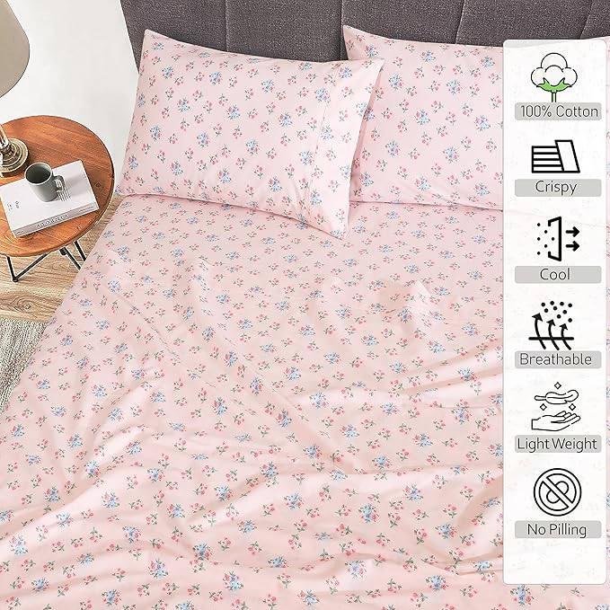 RUVANTI 100% Cotton King Size Sheets Set, 4 Pieces, Soft & Breathable Percale Weave Bedding, Deep Pocket 16", Hotel Standard, Crisp Cool Feel, Durable, Perfect Floral Bed Sheet, Spring On