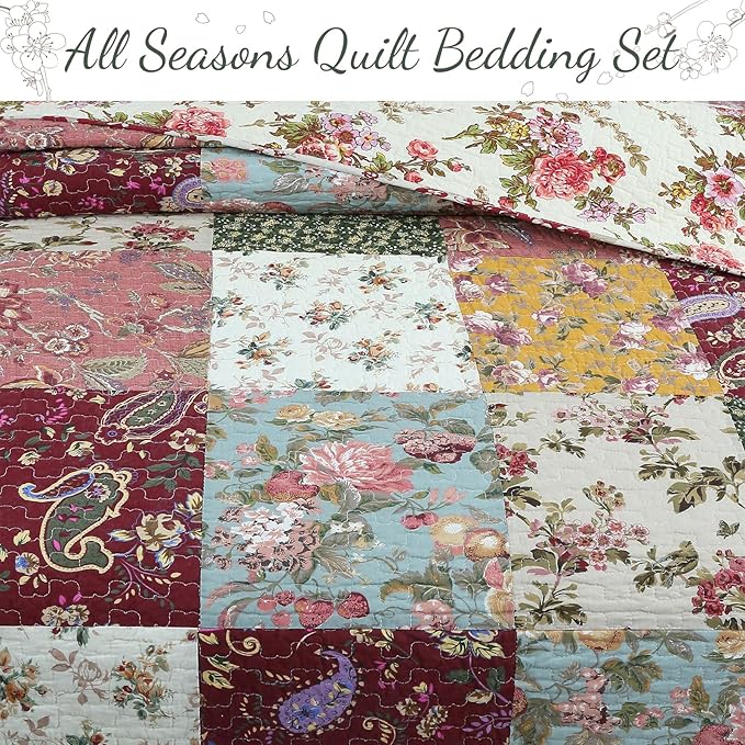 Cozy Line Home Fashions 100% Cotton Authentic Patchwork Quilt Bedding Set, Floral Vintage Antique Chic Reversible Coverlet Bedspread (Harvest, Queen - 3 Piece)