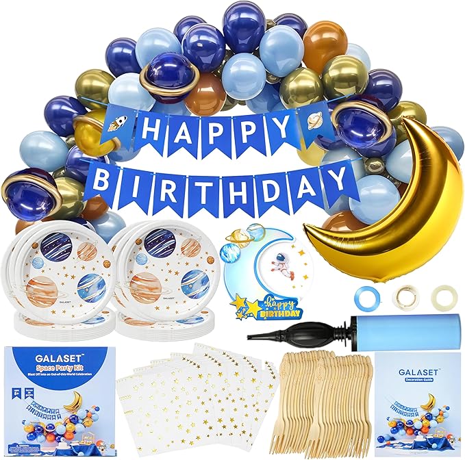 129 PCS Space Birthday Decorations – Includes Moon, blue and gold Balloon Arch Kit, Pump, Cake Topper, Paper Plates, Napkins, Bamboo Forks, and Banner – Outer Space Party Decorations, Serves 20 Guests