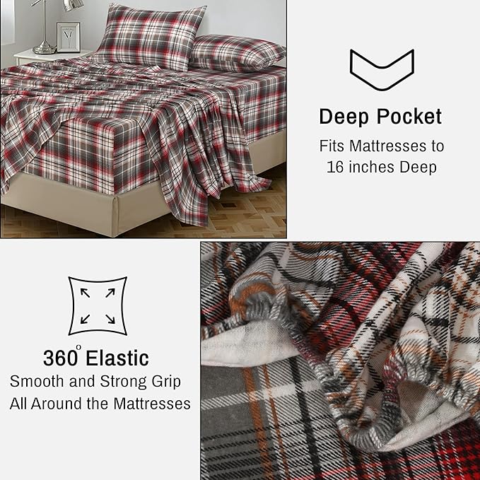 RUVANTI Flannel Sheets Full Size - 100% Cotton Double Brushed Bed Sheets Set, Deep Pockets 16 Inches, All Seasons Breathable & Extra Soft Full Sheets, Warm & Cozy, 4 Piece, Halloween Check