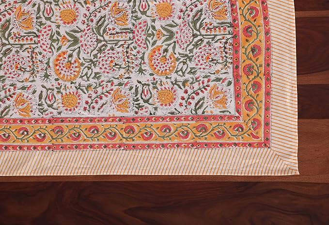 ATOSII Clover Yellow 100% Cotton Rectangle Fall Tablecloth, Handblock Floral Print Linen Table Cloth for Kitchen Dining I Parties, Outdoors, Christmas, Thanksgiving I 72 X 140 Inches I 12 Seater