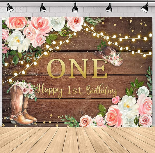 SVBright Cowgirl First Birthday Backdrop 7Wx5H Retro Western Rustic Country Pink Flower Wood Hat Happy Birthday Baby Shower Wooden Plank Decorations Photography Background Banner Photo Booth Studio