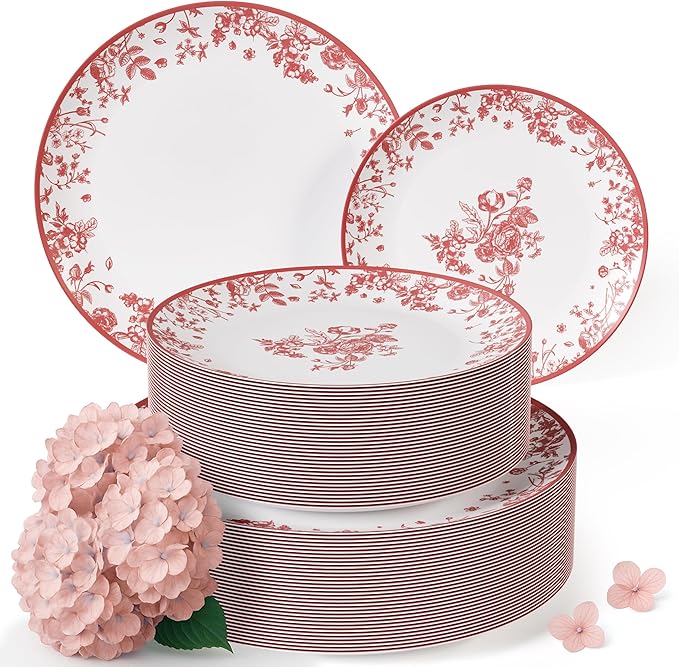 Trendables Plastic Plates For Party Supplies, Floral Disposable Plates For Party & Weddings 80 Pcs - 40 x 8 Dessert Plates & 40 x 10 Plastic Dinner Plates, Plate Set Disposable Dinnerware Sets
